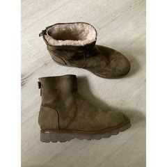 Bonpoint Kids Shearling Lined Leather Boots Olive Green Spain Size 34 Zip Back
