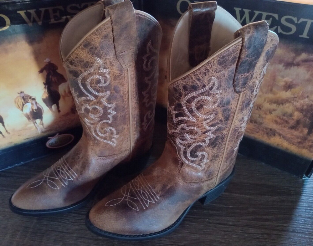 Old West Snip Toe Childrens Unisex Burnt Tan Leather Cowboy Boots 8175 NWT