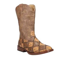 Roper Bird Blocks Ostrich Square Toe Cowboy Youth Boys Brown Casual Boots 09-11