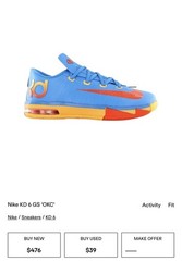 Nike KD VI 6 Kevin Durant ‘OKC Thunder’ Sz 5.5Y Blue Orange 599477-401