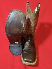 Old West Youth 6D Brown Leather Square Toe Cowboy Boots Blue Stitching