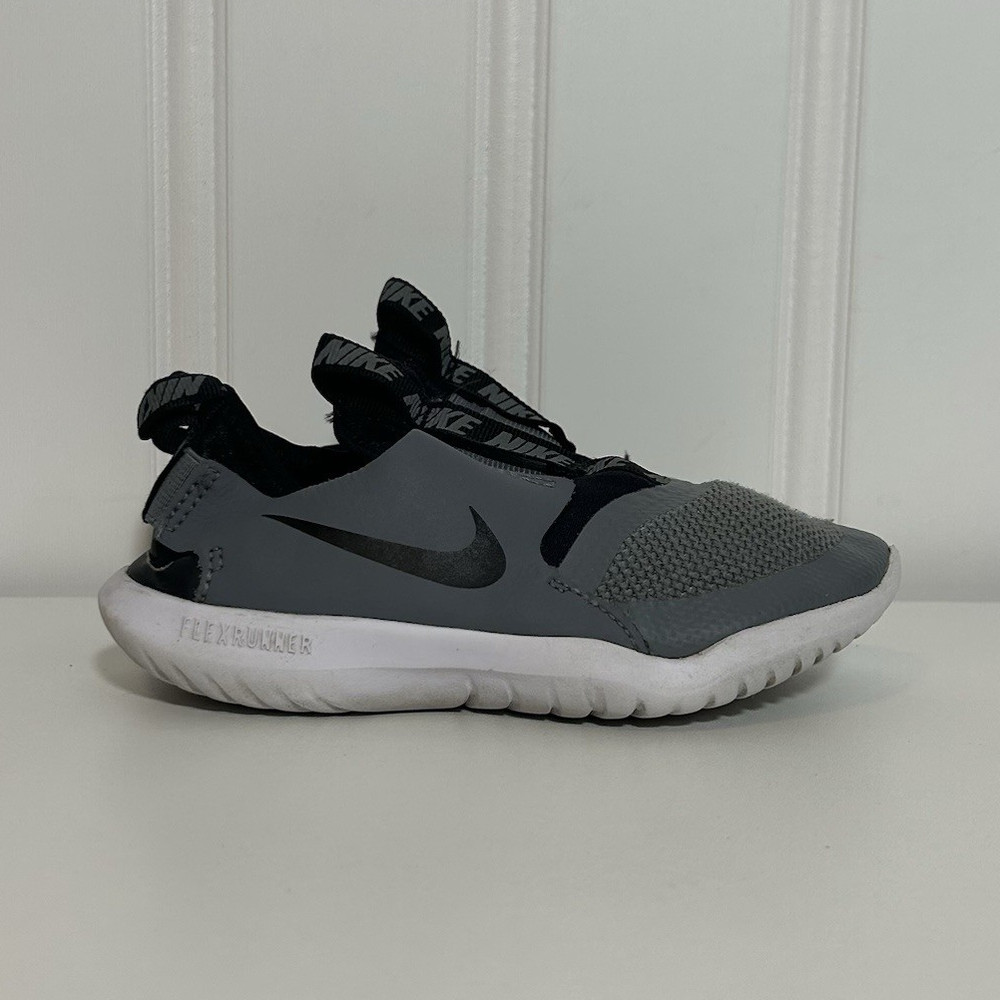 Nike Flex Runner Gray Black White Slip-On Kids Sneakers US 12C EU 29.5
