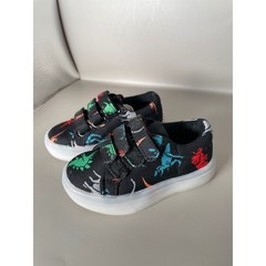 Kids Dinosaur Print Canvas Sneakers Black Multi Hook and Loop Shoes Size 5 US