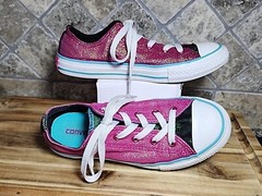 Converse All Star Pink Glitter Sparkle Canvas Shoe Size 2 Junior Youth 2-Tongues