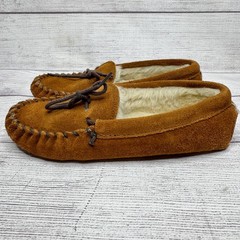 Minnetonka Kids size 3 Moccasins Slippers Brown Suede Leather Lined Shoes