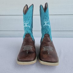 Twisted X Hooey Square Toe Leather Western Boot Youth SZ 2.5 Brown Turquoise
