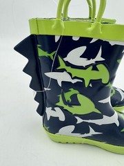 Toddler Rainboots Unisex Navy Green Shark Print Pull On Loops Fin Accent Size 6
