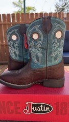 Justin Post – Kid’s Cowboy Boots – Bowline Water Buffalo – Walnut/Sapphire – NIB