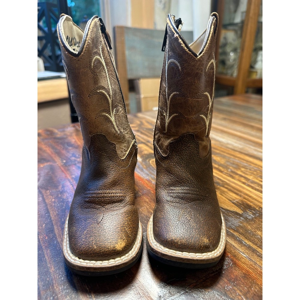 Old West Kids Brown Leather Square Toe Side Zip Cowboy Boots Size 9.5 Toddler