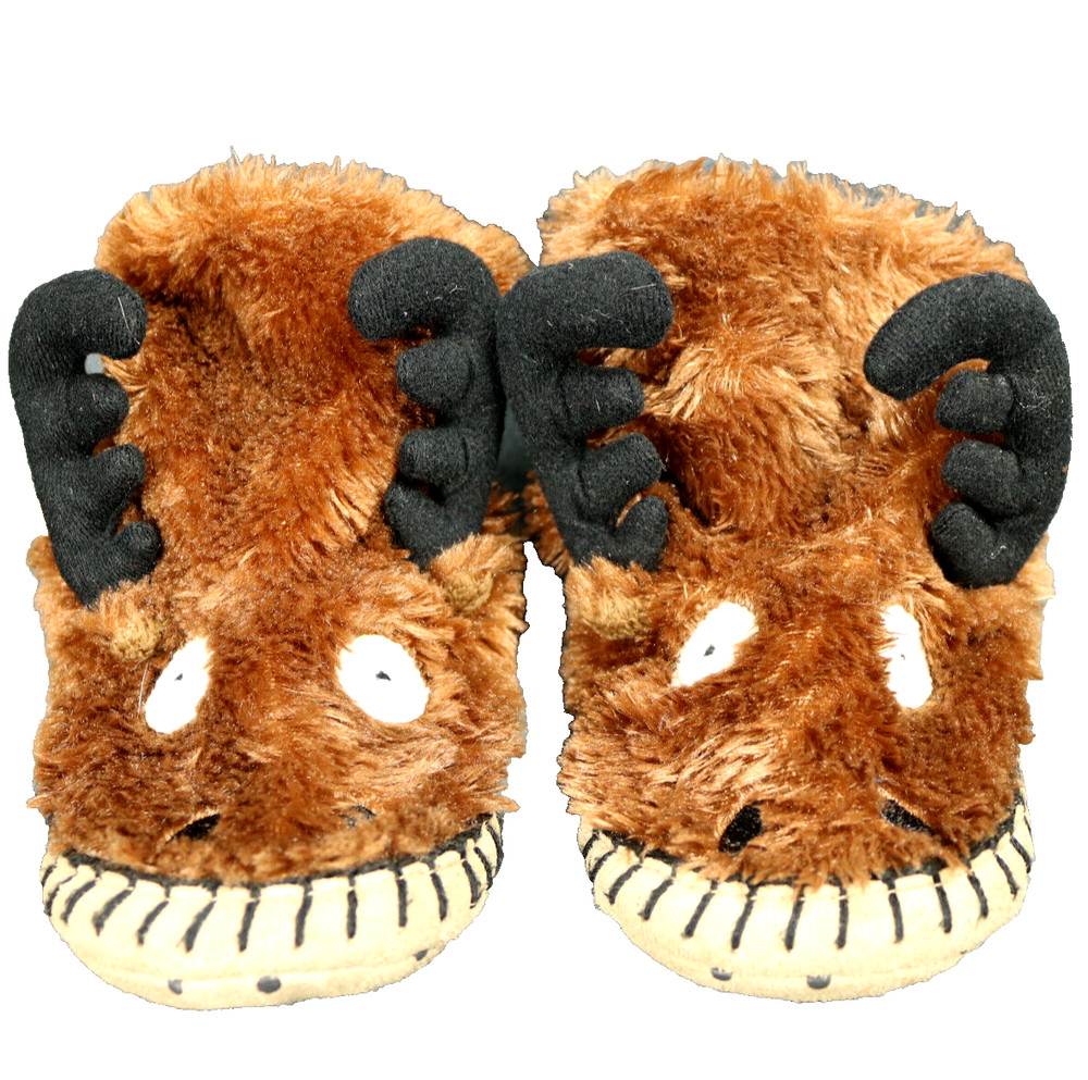 Hatley Reindeer / Moose Fuzzy Slippers Faux Fur Slouch Kids Brown M (8-10)