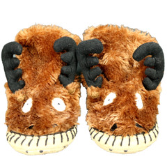 Hatley Reindeer / Moose Fuzzy Slippers Faux Fur Slouch Kids Brown M (8-10)