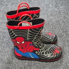 Marvel Spider-Man Rain Boots Kids Size 2/3 Black Red Web Graphic Pull-On Handles