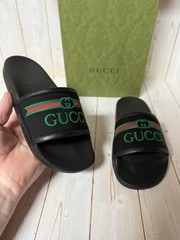 Gucci Embroidered Stripe Logo Canvas Slide Sandals Black Multicolor Sz 31 / 13