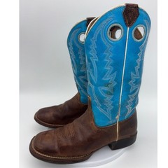 JUSTIN Kids Cowboy Boot Western Little Boy Youth 2 Brown Blue Leather Square Toe