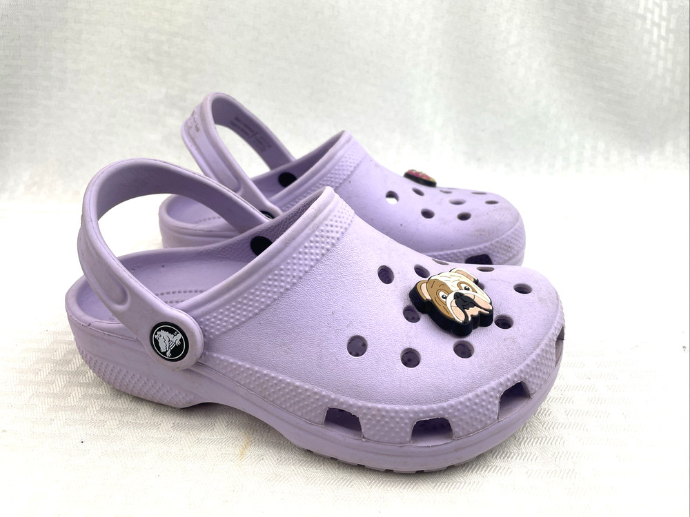 Crocs Unisex Kids Classic Clogs Lavender Size J1 w/Bulldog & Doughnut Jibbitz