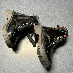 Unisex Kids Size 7 Black Combat Ankle Boots Lace-Up Side Zip Rainbow Sequin