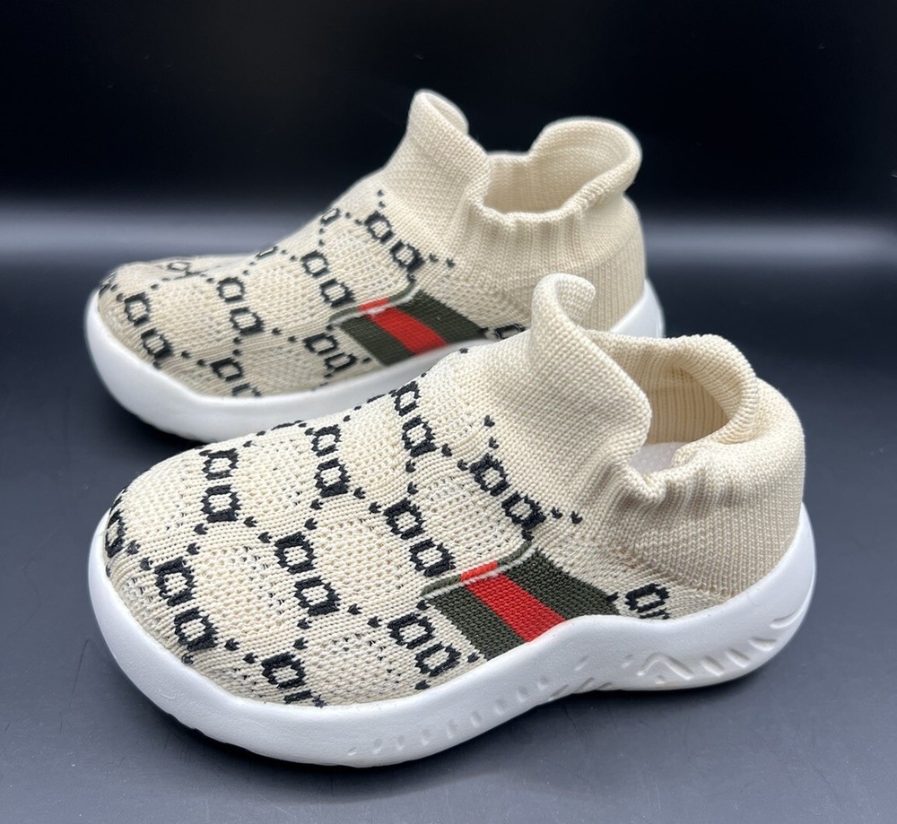 Kids Sneakers Size 7, Size 23, Beige Comfy Shoes Red Green Stripes