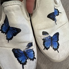 Blue Butterfly White Slip On Vans – Custom Painted Vans Shoes Youth Size 5