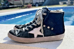 GOLDEN GOOSE BLACK SHIMMERING FABRIC SIDE ZIP HIGH TOP SNEAKERS Sz EUR 31 USA 13