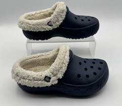 Crocs Youth Classic Lined Clogs Size J1 Blue Slip-on White Faux Fur Fuzzy & Warm