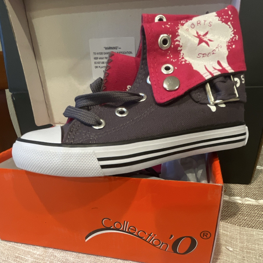 Collection’O Grey Fuchsia Canvas High Top Sneakers Kids Size 9 Model 30126