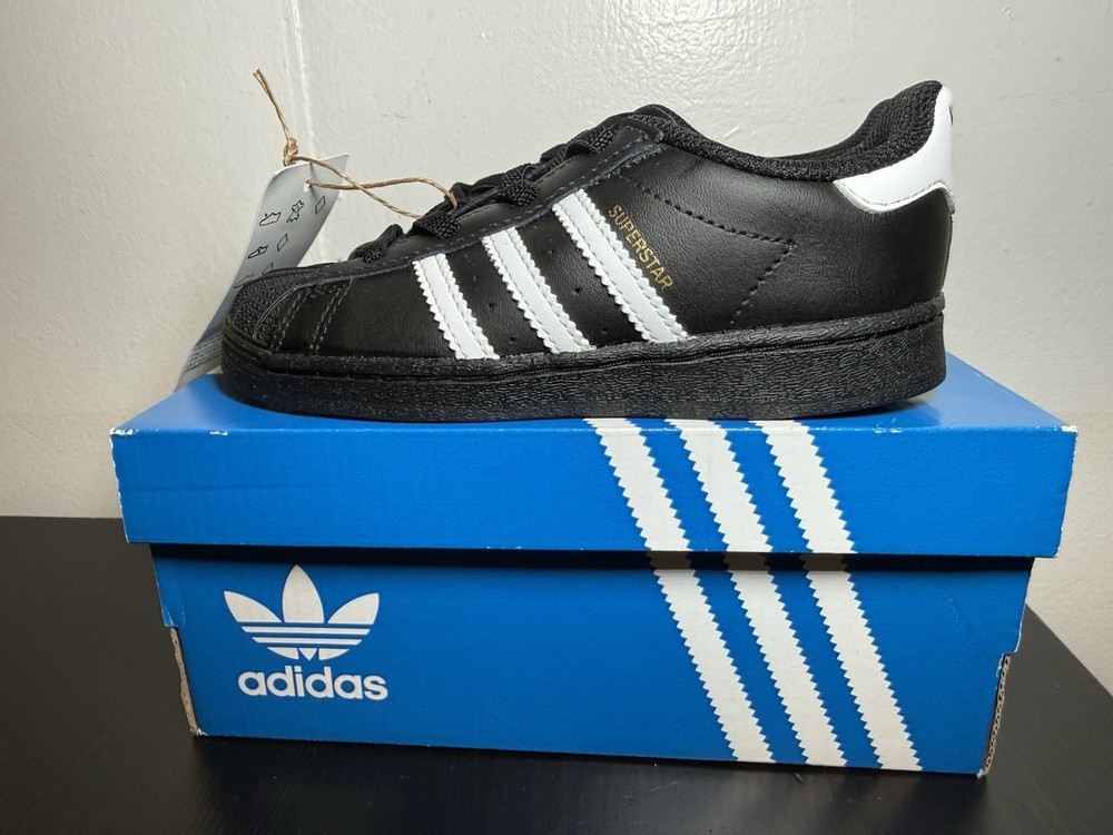 Adidas Superstar Kids Black White Shell Toe Sneakers Size 10K New