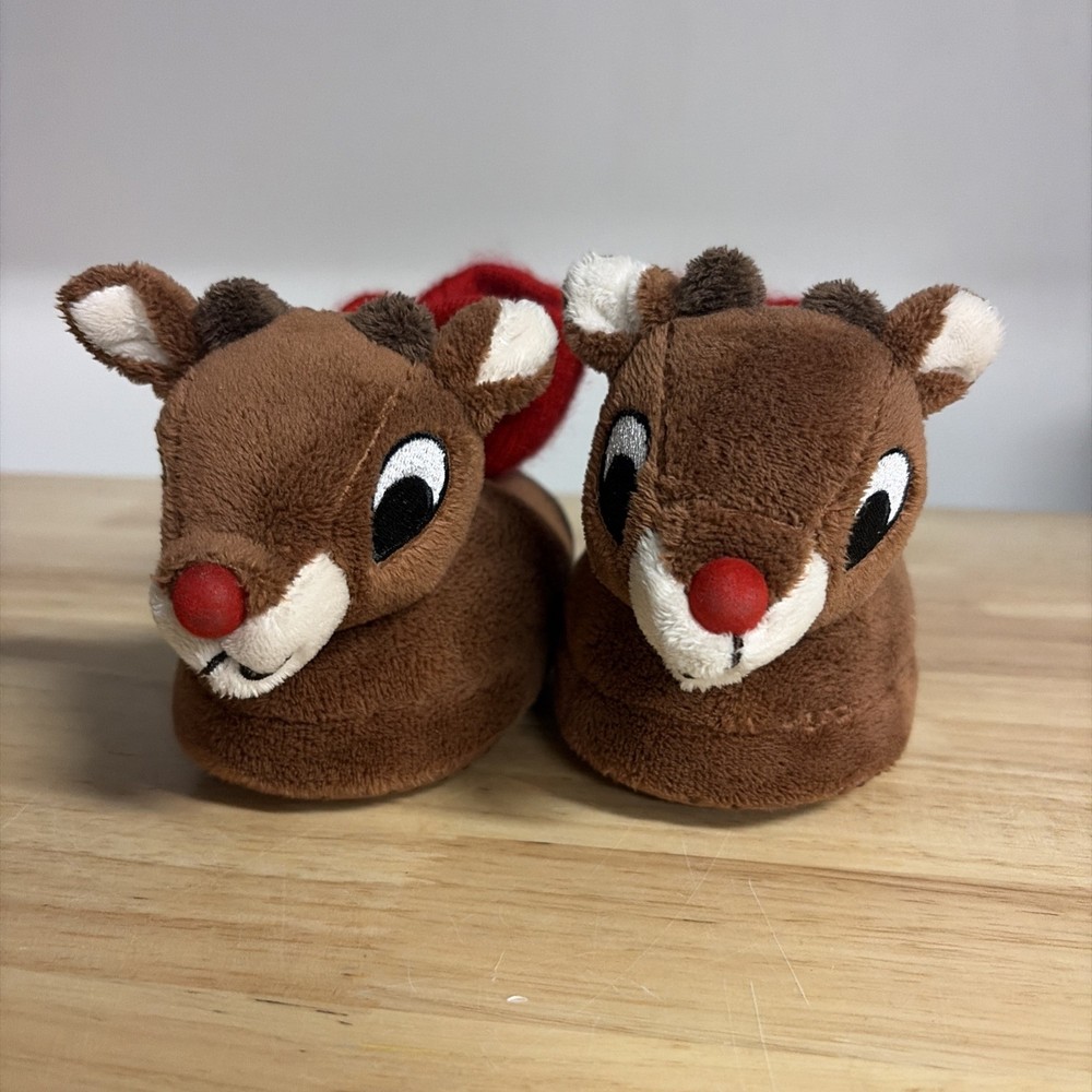 Rudolph Christmas Brown Reindeer Slip On Slippers 3D size 5-6 Kids