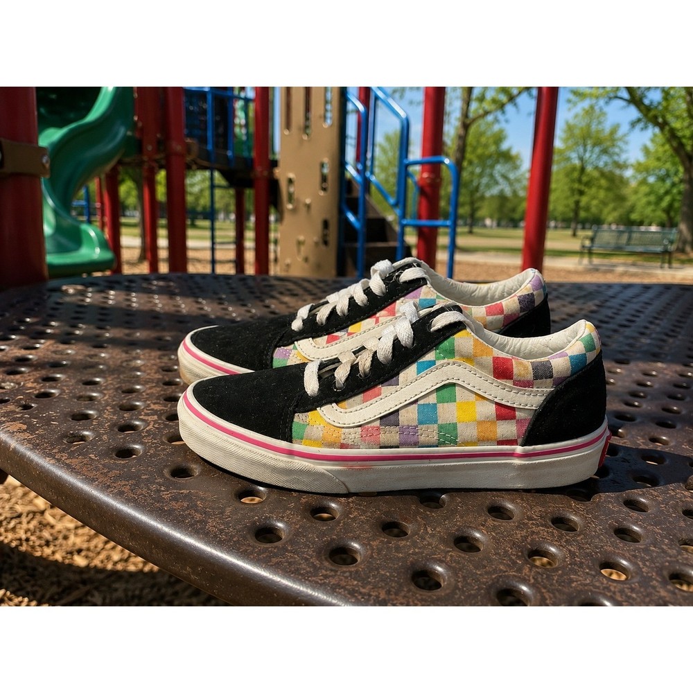 Vans Old Skool Kids 3.5 Rainbow Checkerboard Black Suede Sneakers 721356 play
