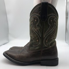 RANK 45 kids Kasey Western Boot Size 3 Broad Square Toe Leather brown green