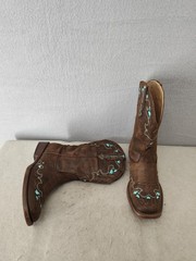 Roper Boot Little Kids 1 Brown Western Cowboy Turquoise Embroidery Pull On Shoes