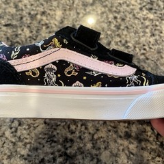 VANS Old Skool V Kids US 13 Sneaker Hook & Loop Black Pink Mermaid Print