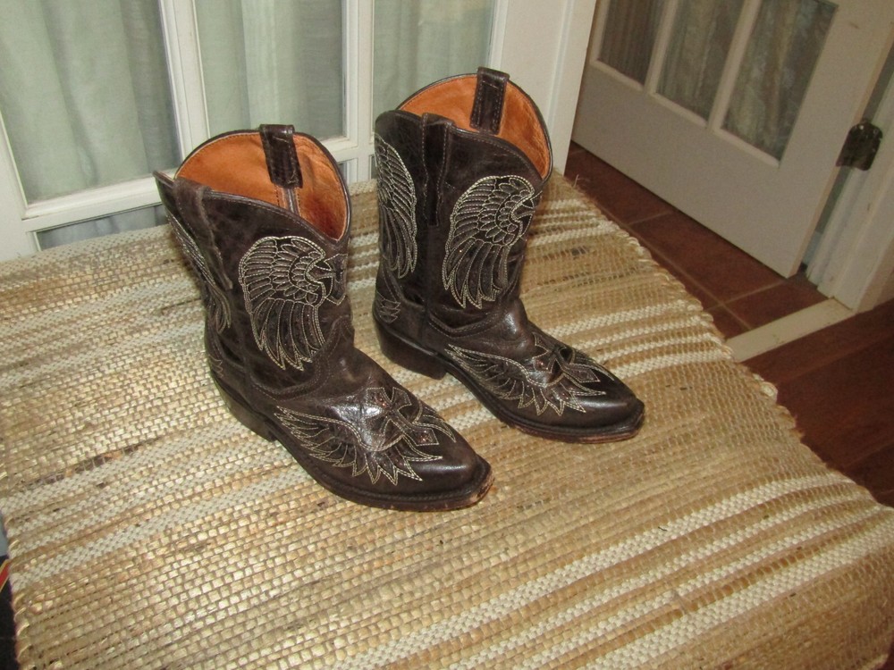 TEXAS COUNTRY Brown Snip Toe Wings & Cross Western Boots Brown Youth sz 1 Mex 21