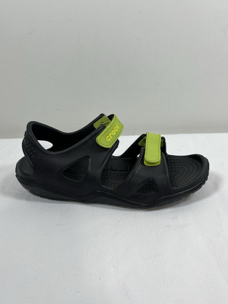 Crocs Swiftwater River Junior Sz 1 Black Neon Green Sandals Sport Water Shoes J1