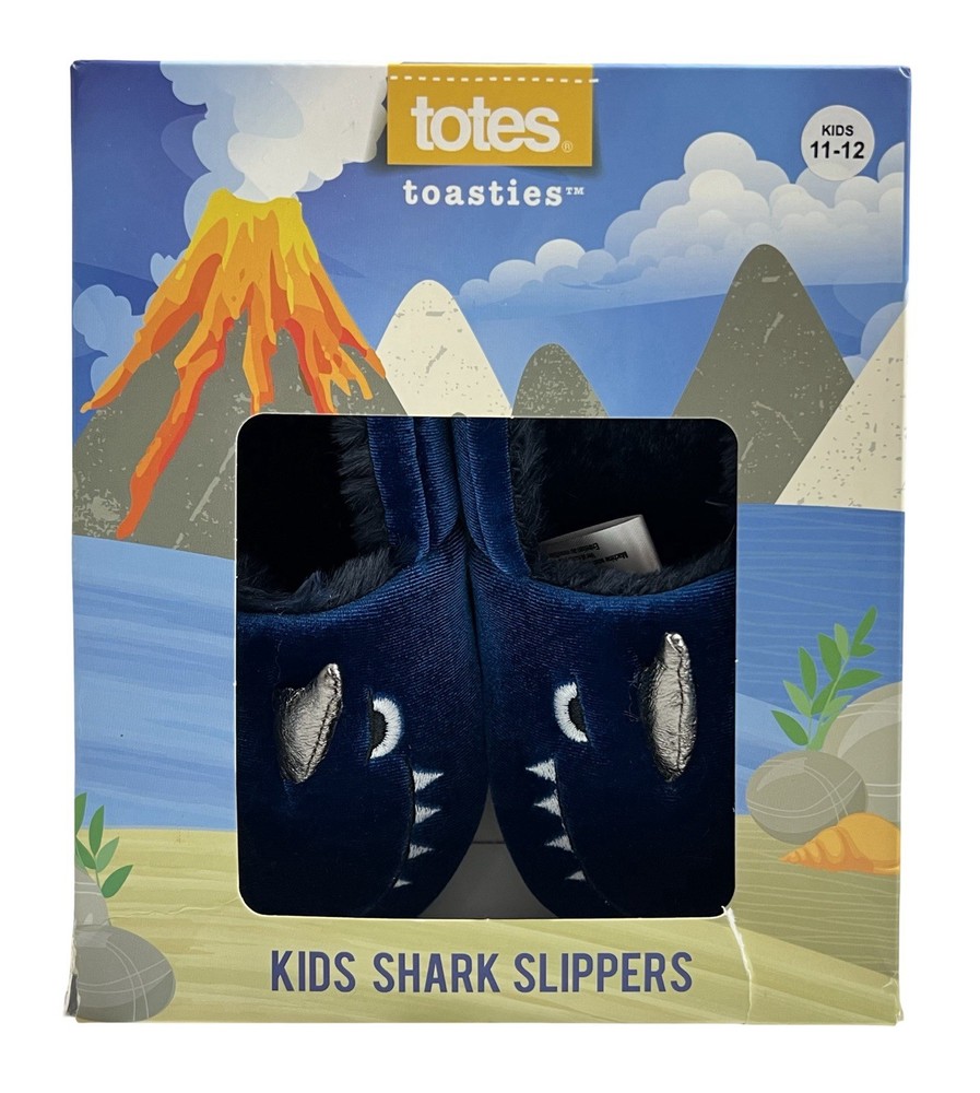 Totes Toasties Shark Slippers Unisex Kids Size 11-12 Blue Faux Fur New In Box