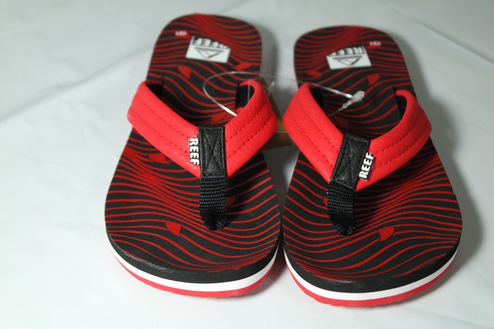 REEF AHI RED SHARK KIDS FLIP FLOPS, KIDS 11/12, RED/BLACK, RF-002345