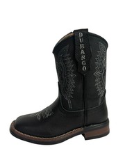 Kids Black Flames Square Toe Leather Cowboy Boots Rubber Sole Handmade