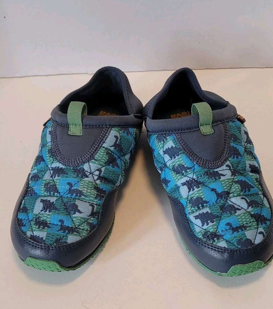 TEVA Unisex Kids Size 2 Quilted Casual Comfort Sneakers Dinosaur Blue Green