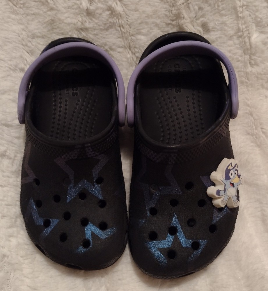 Crocs Classic Disco Dance Party Clogs Black Purple Stars Jibbitzs Kids C11 Bluey