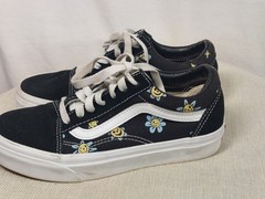 Vans Old Skool Black Smiley Face Floral Sneakers Youth Low Top Boys 3.5/Girls 5