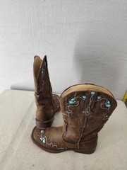 Roper Boot Little Kids 1 Brown Western Cowboy Turquoise Embroidery Pull On Shoes