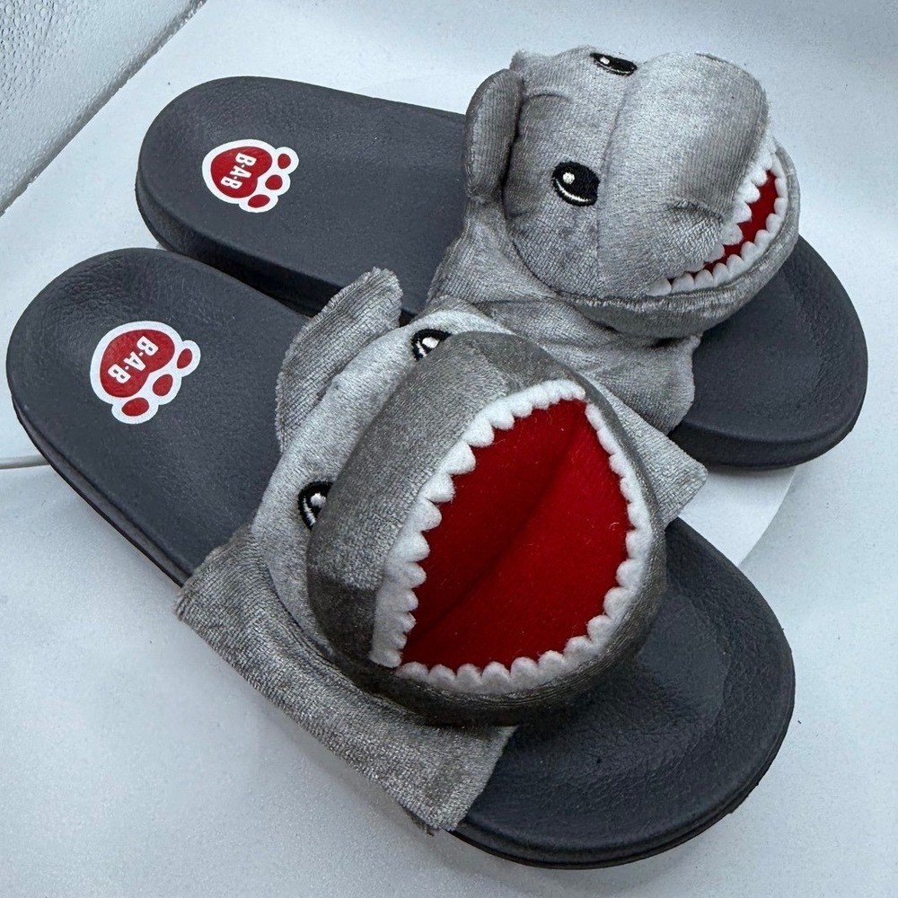 Build-A-Bear Shark Plush Slides Kids Sandals Open Toe Gray Size 2-3 unisex