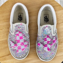 Vans Classic Sneaker Kids 3 Leather Flip Sequin Slip On Shoe White Pink Silver