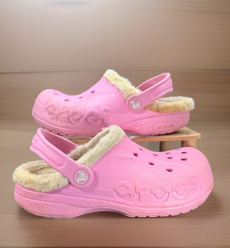 Crocs Pink Lined Clogs Junior Size 3 Adult Size 5 White Lining Spellout Cute