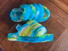 UGG YEAH FLUFF FAUX FUR SLIDE SLIPPERS SIZE 13/31 ELASTIC LOGO RUBBER OUTSOLE