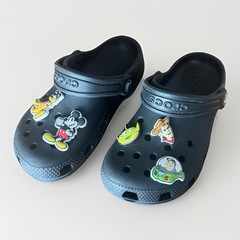CROCS Clog Kids Size C13 Black Toy Story Charms Sheriff Woody Buzz Mickey Pluto