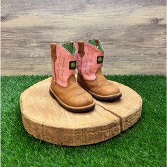 Dan Post Youth – Size 7.5M – Tan / Pink John Deere Cowboy Boots JD1185