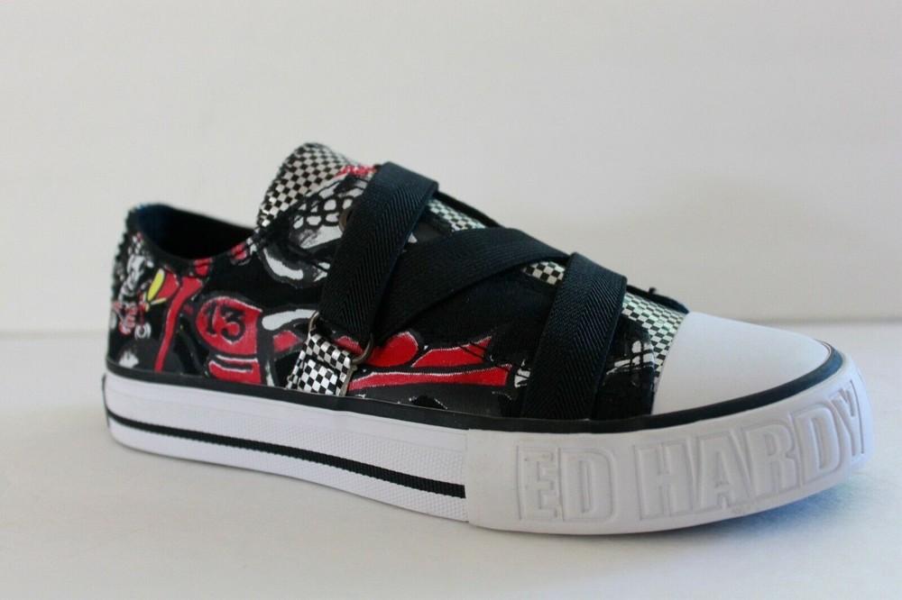 Ed Hardy Kid Shoe Size 2 M Black Red Athletic Canvas Sneaker Medium NIB