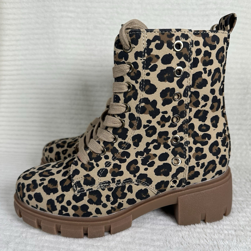 TH BLAKELY Leopard Print Lace-Up Ankle Combat Boots Side Zipper Kids 3M