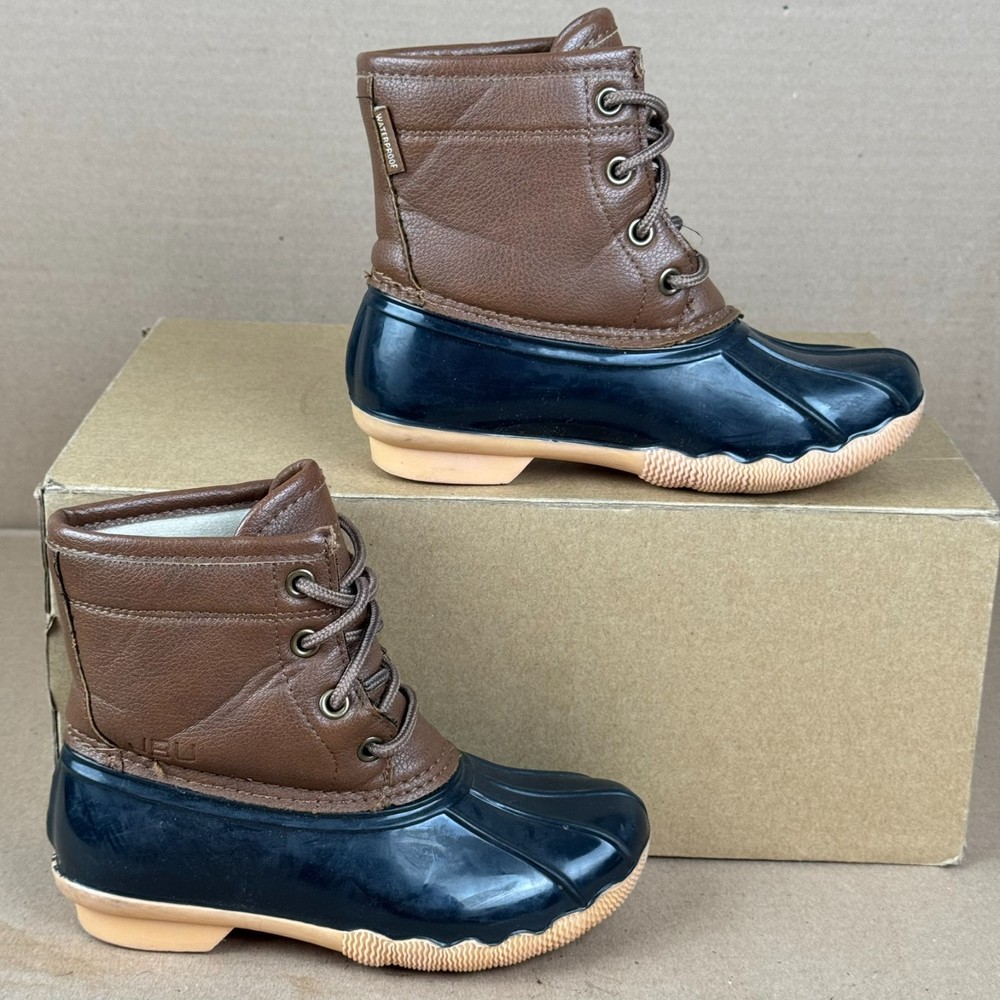 L.L. Bean Maplewood Duck Boots Youth 12M Brown Leather Navy Rubber Rain