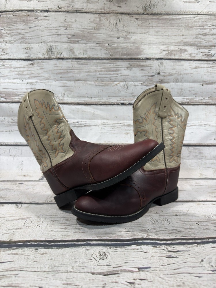 Old West Cream/Brown Leather Youth Western Cowboy Rodeo Boots CW2552Y – Size 60